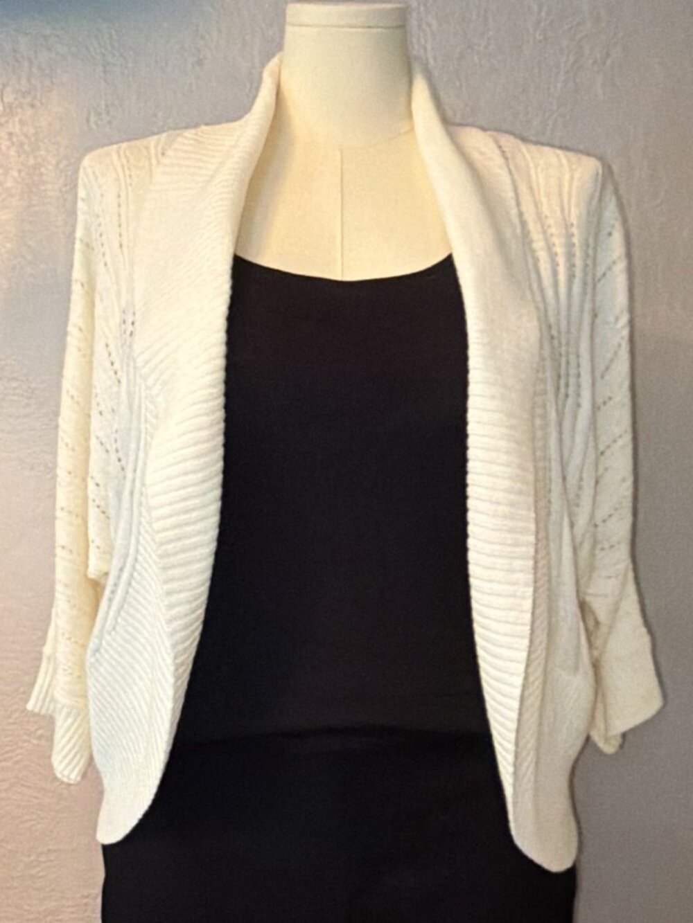 LOFT Ivory Cream 3/4 Sleeve Open-Front Knit Cardigan Shrug NWOT